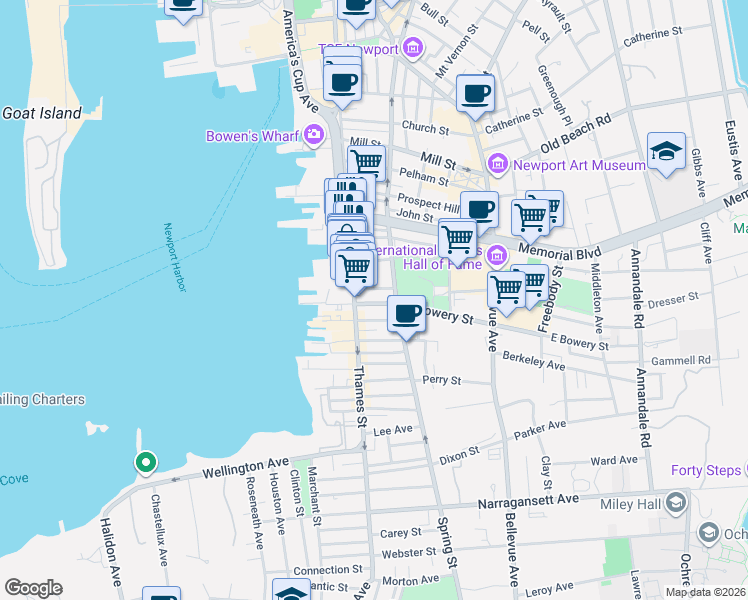 map of restaurants, bars, coffee shops, grocery stores, and more near 309 Spring Street in Newport