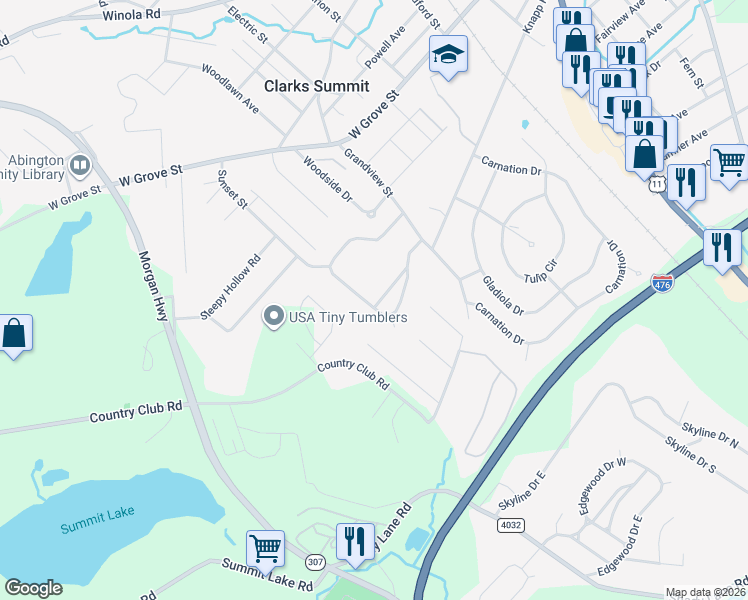 map of restaurants, bars, coffee shops, grocery stores, and more near 1107 Oakmont Rd in Clarks Summit