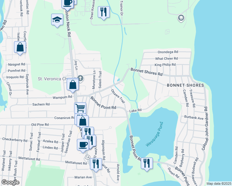 map of restaurants, bars, coffee shops, grocery stores, and more near 16 Ottawa Trail in Narragansett