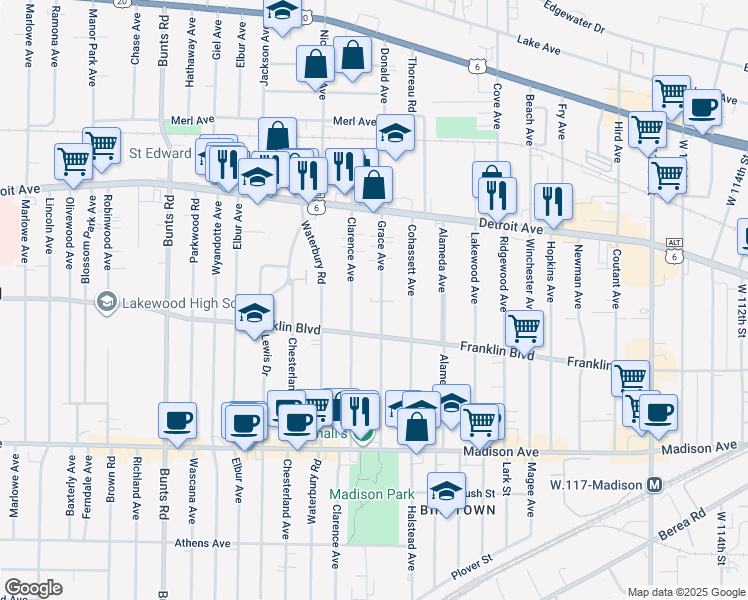 map of restaurants, bars, coffee shops, grocery stores, and more near 1500 Grace Avenue in Lakewood