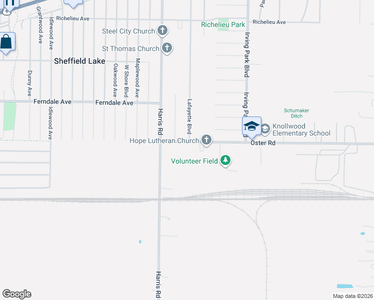 map of restaurants, bars, coffee shops, grocery stores, and more near 865 Lafayette Boulevard in Sheffield Lake