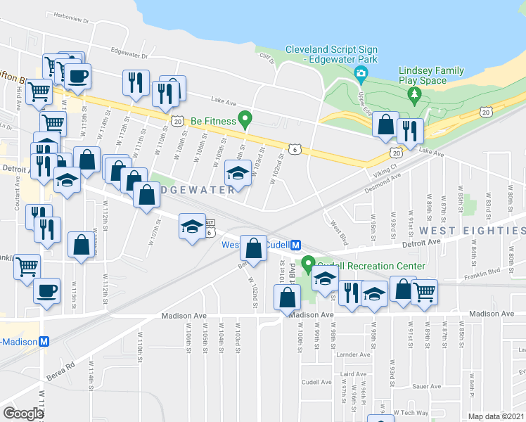 map of restaurants, bars, coffee shops, grocery stores, and more near West 102nd Street in Cleveland