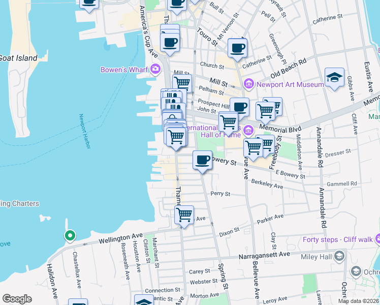map of restaurants, bars, coffee shops, grocery stores, and more near 309 Spring Street in Newport
