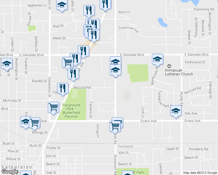 map of restaurants, bars, coffee shops, grocery stores, and more near 1103 McCord Road in Valparaiso