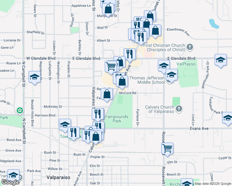 map of restaurants, bars, coffee shops, grocery stores, and more near 601 McCord Road in Valparaiso