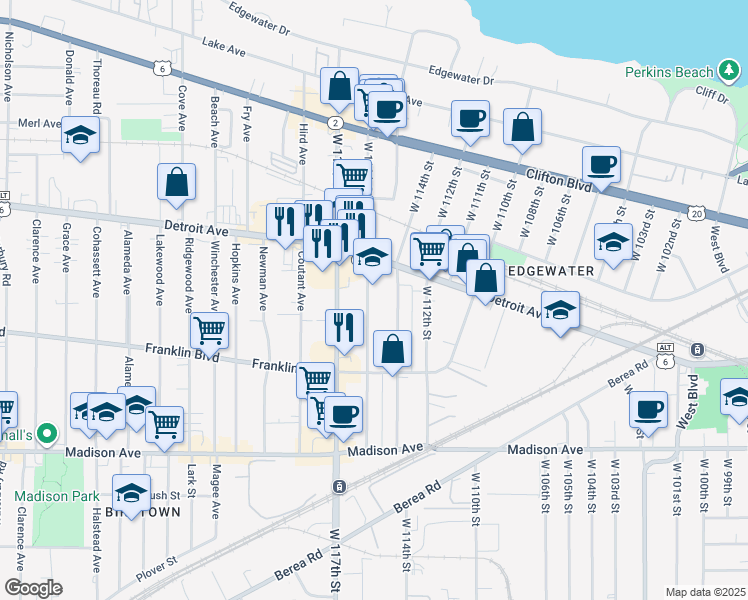 map of restaurants, bars, coffee shops, grocery stores, and more near 1418 Detroit Avenue in Cleveland