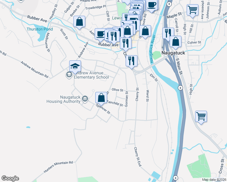 map of restaurants, bars, coffee shops, grocery stores, and more near 66 Lewis Street in Naugatuck