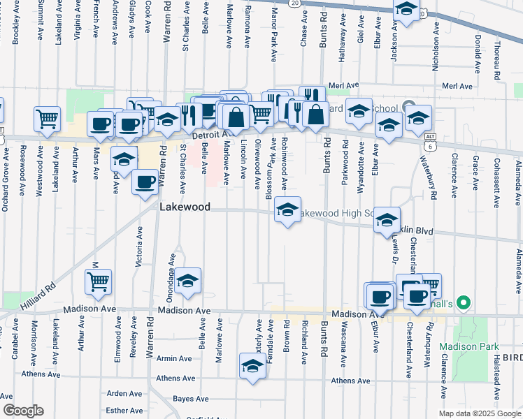 map of restaurants, bars, coffee shops, grocery stores, and more near 1505 Olivewood Avenue in Lakewood