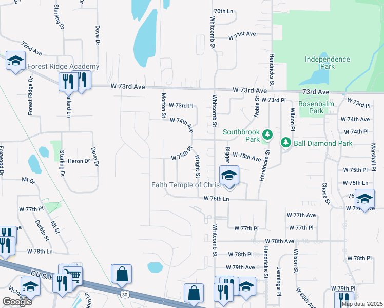 map of restaurants, bars, coffee shops, grocery stores, and more near 3973 West 75th Avenue in Merrillville