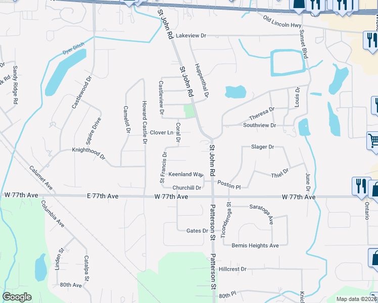 map of restaurants, bars, coffee shops, grocery stores, and more near 1448 Rhett Ct in Schererville