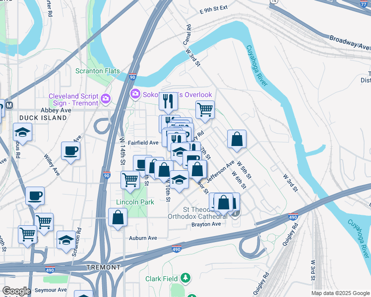 map of restaurants, bars, coffee shops, grocery stores, and more near 702 Literary Road in Cleveland
