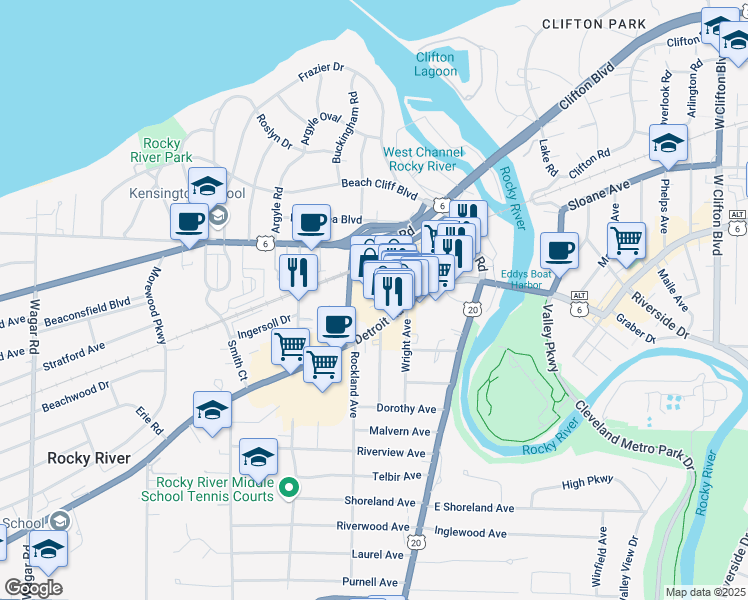 map of restaurants, bars, coffee shops, grocery stores, and more near 19360 Detroit Road in Cleveland
