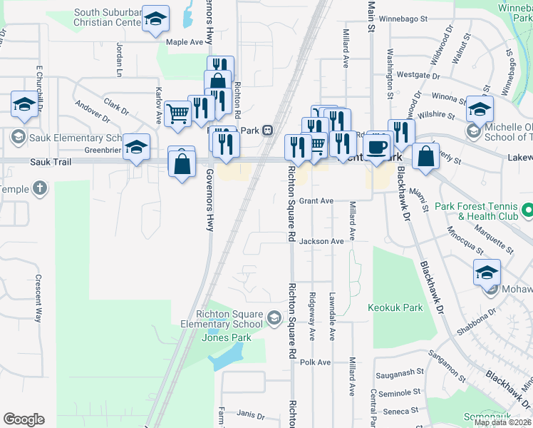 map of restaurants, bars, coffee shops, grocery stores, and more near 22300 Richton Square Road in Richton Park
