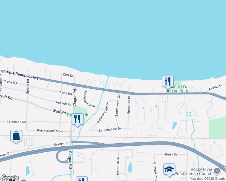 map of restaurants, bars, coffee shops, grocery stores, and more near 23308 Lake Road in Bay Village