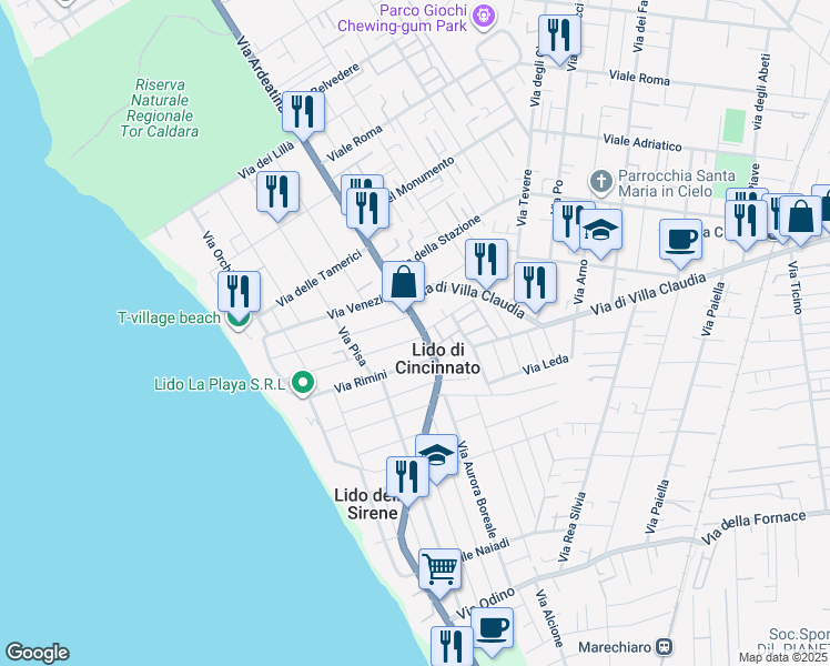 map of restaurants, bars, coffee shops, grocery stores, and more near Via Ardeatina in Anzio
