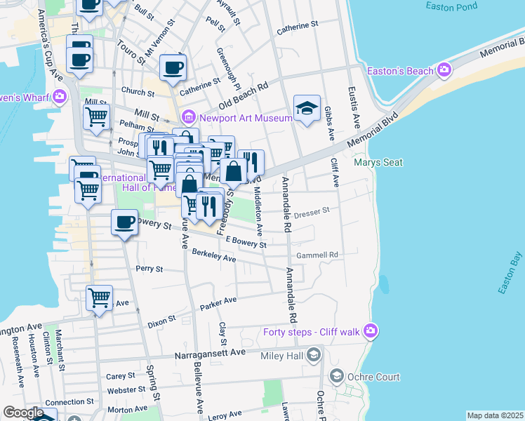 map of restaurants, bars, coffee shops, grocery stores, and more near 18 Middleton Avenue in Newport
