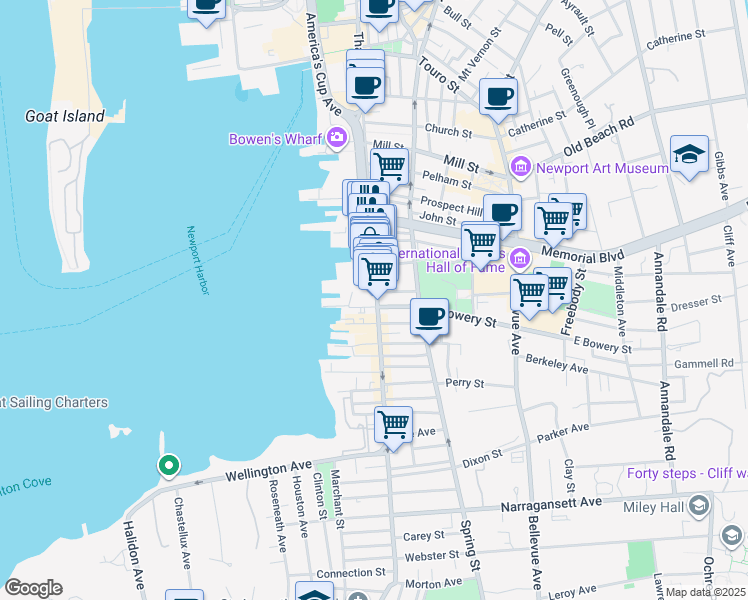 map of restaurants, bars, coffee shops, grocery stores, and more near 400 Thames Street in Newport