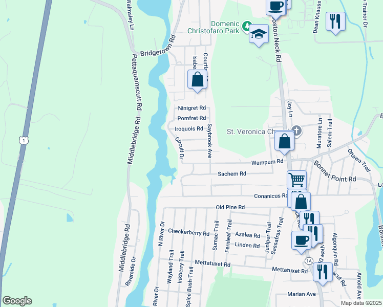 map of restaurants, bars, coffee shops, grocery stores, and more near 110 Mount View Road in Narragansett