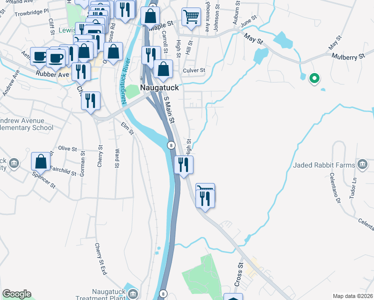 map of restaurants, bars, coffee shops, grocery stores, and more near 58 High Street in Naugatuck