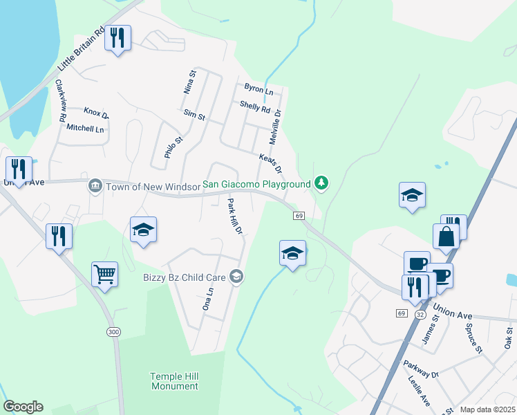map of restaurants, bars, coffee shops, grocery stores, and more near 446 Union Avenue in New Windsor