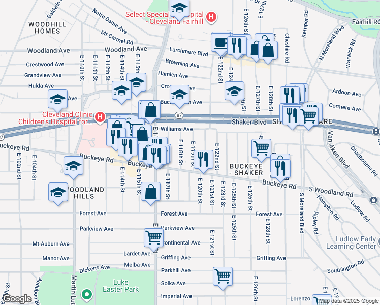 map of restaurants, bars, coffee shops, grocery stores, and more near 2798 East 119th Street in Cleveland