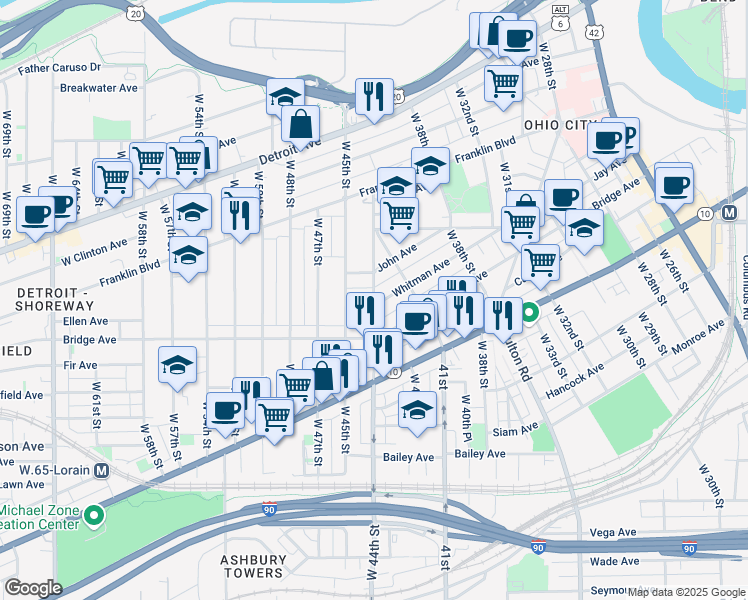 map of restaurants, bars, coffee shops, grocery stores, and more near 1878 West 44th Street in Cleveland