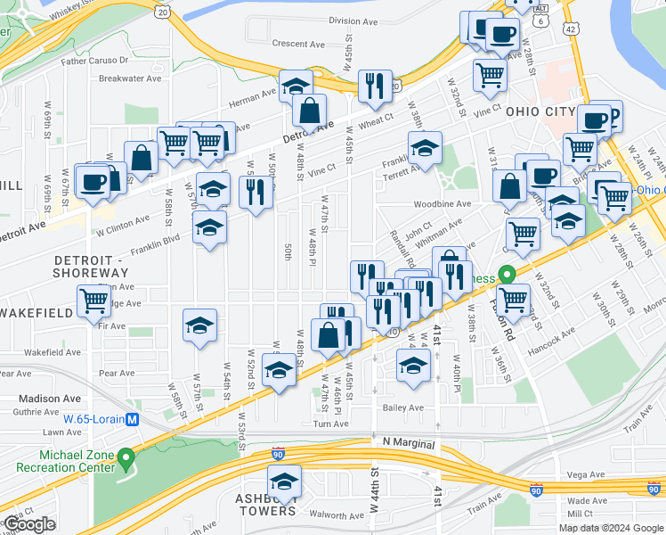 map of restaurants, bars, coffee shops, grocery stores, and more near 1853 West 47th Street in Cleveland