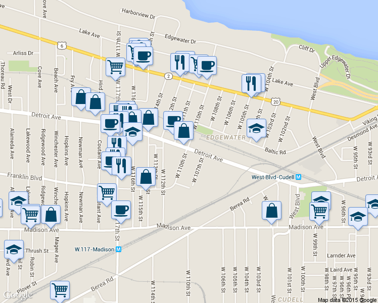 map of restaurants, bars, coffee shops, grocery stores, and more near in Cleveland