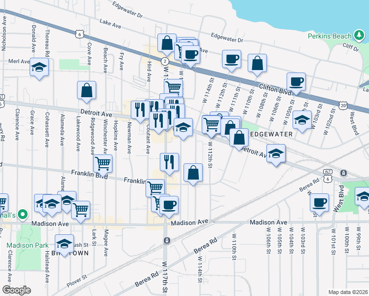 map of restaurants, bars, coffee shops, grocery stores, and more near 1418 Detroit Avenue in Cleveland