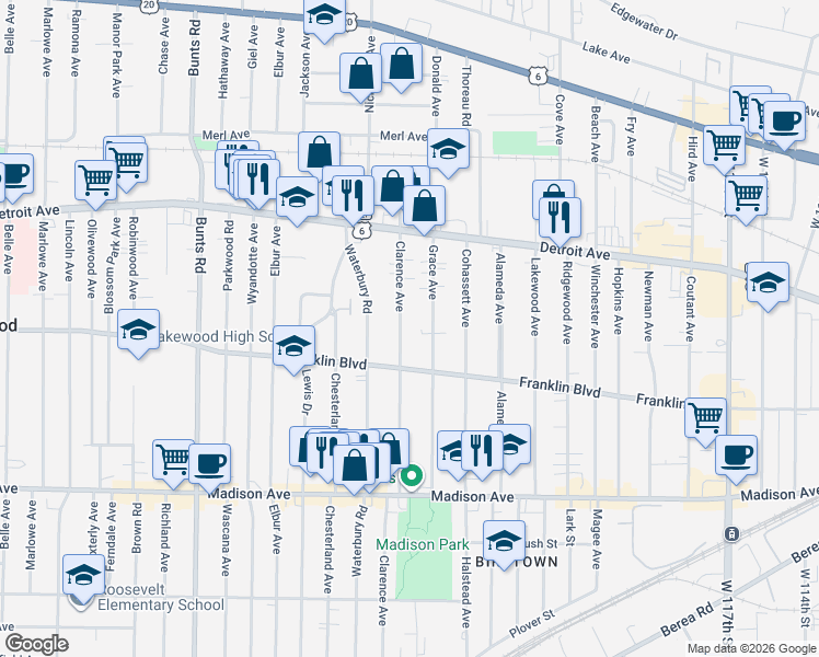 map of restaurants, bars, coffee shops, grocery stores, and more near 1481 Clarence Avenue in Lakewood