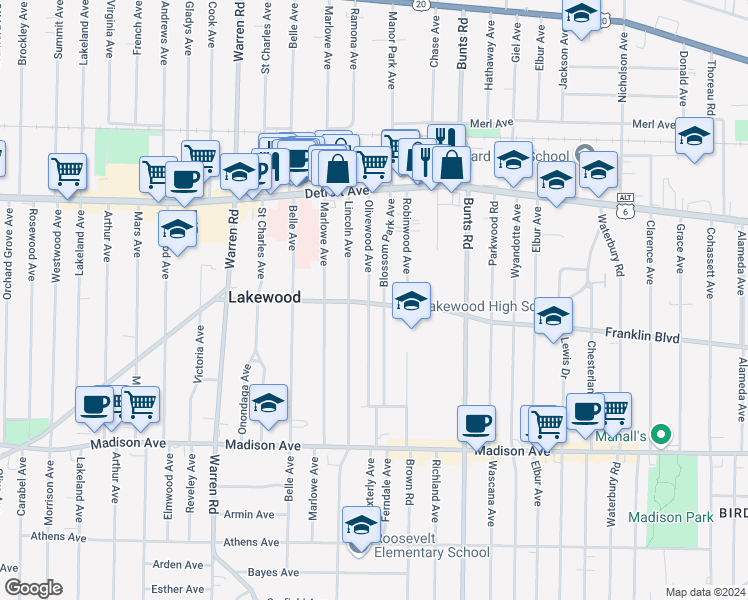 map of restaurants, bars, coffee shops, grocery stores, and more near 1505 Olivewood Avenue in Lakewood