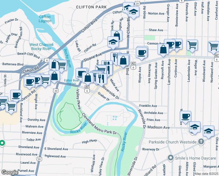 map of restaurants, bars, coffee shops, grocery stores, and more near in Lakewood