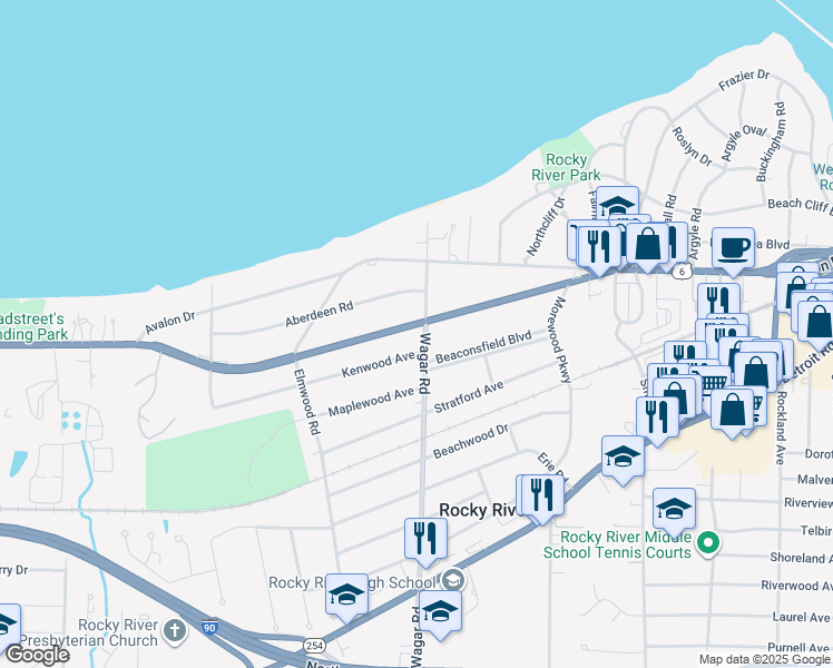 map of restaurants, bars, coffee shops, grocery stores, and more near 471 Wagar Road in Rocky River