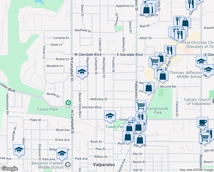map of restaurants, bars, coffee shops, grocery stores, and more near 1401-1599 Franklin St in Valparaiso