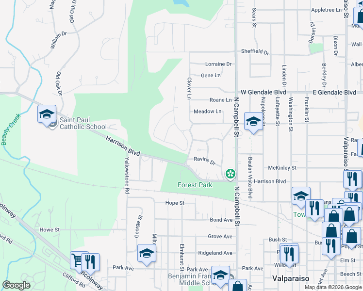 map of restaurants, bars, coffee shops, grocery stores, and more near 700-1260 Del Vista Drive in Valparaiso