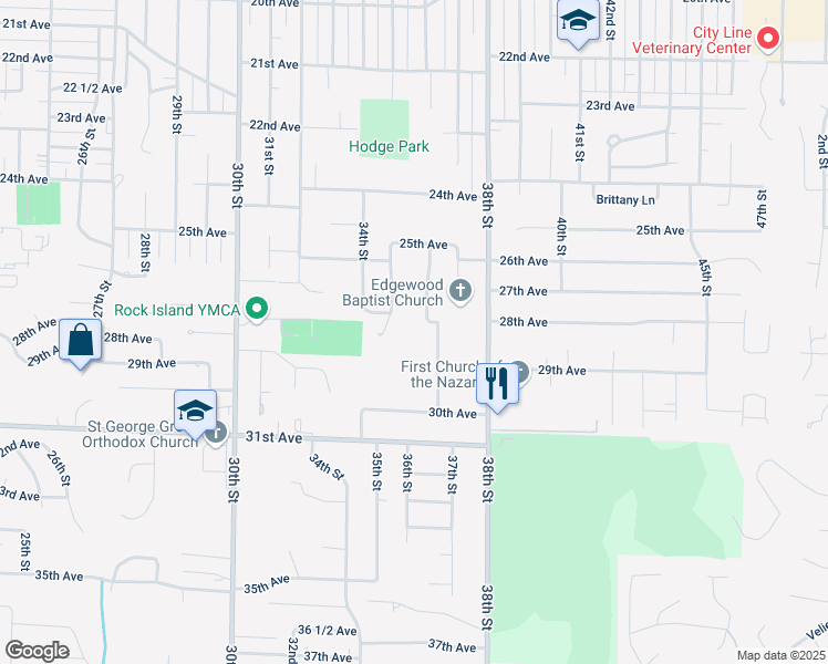 map of restaurants, bars, coffee shops, grocery stores, and more near 2718 36th Street in Rock Island