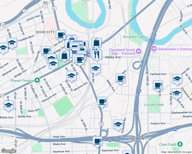 map of restaurants, bars, coffee shops, grocery stores, and more near 2261 Columbus Road in Cleveland