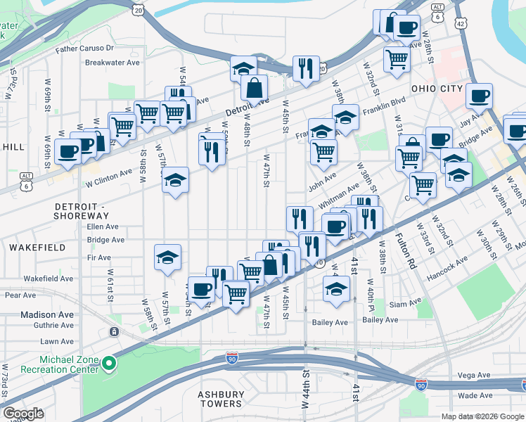map of restaurants, bars, coffee shops, grocery stores, and more near 1853 West 47th Street in Cleveland
