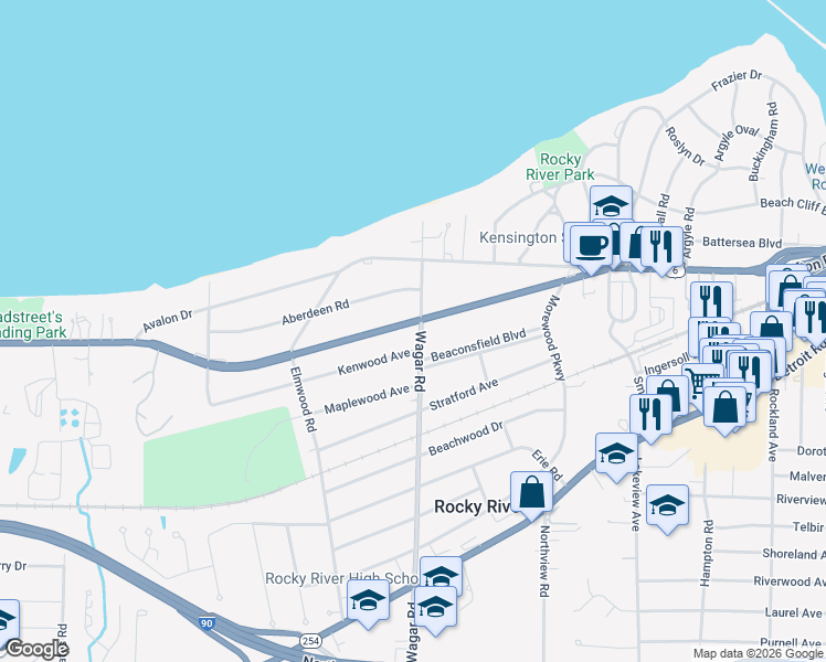 map of restaurants, bars, coffee shops, grocery stores, and more near 471 Wagar Road in Rocky River