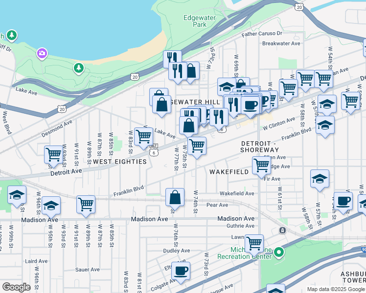 map of restaurants, bars, coffee shops, grocery stores, and more near 7427 U.S. 6 Alternate in Cleveland
