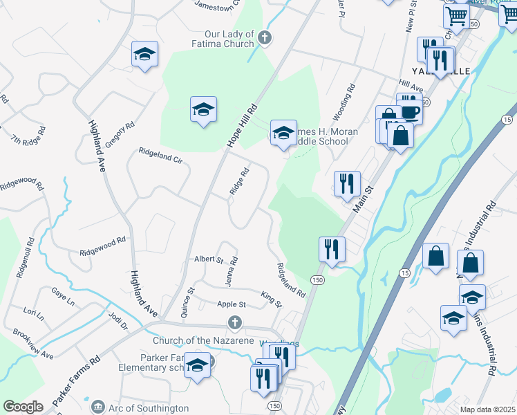 map of restaurants, bars, coffee shops, grocery stores, and more near 133 Ridgeland Road in Wallingford