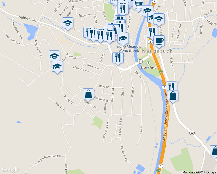 map of restaurants, bars, coffee shops, grocery stores, and more near 63 Olive Street in Naugatuck