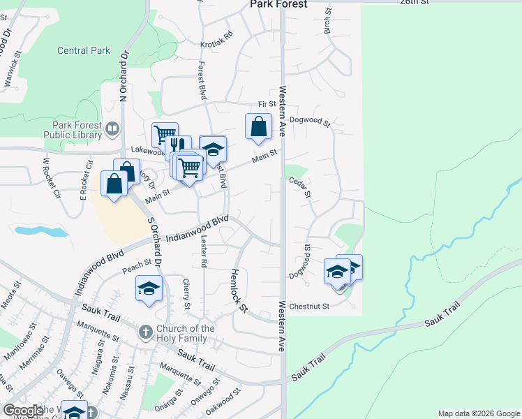 map of restaurants, bars, coffee shops, grocery stores, and more near 3224 Western Avenue in Park Forest