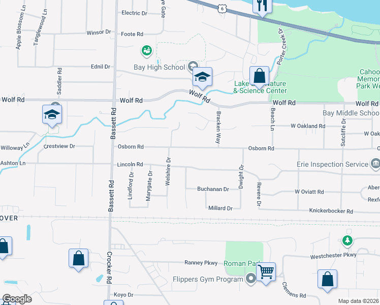map of restaurants, bars, coffee shops, grocery stores, and more near in Bay Village