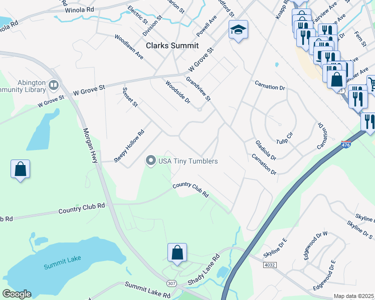map of restaurants, bars, coffee shops, grocery stores, and more near 1108 Oakmont Road in Clarks Summit