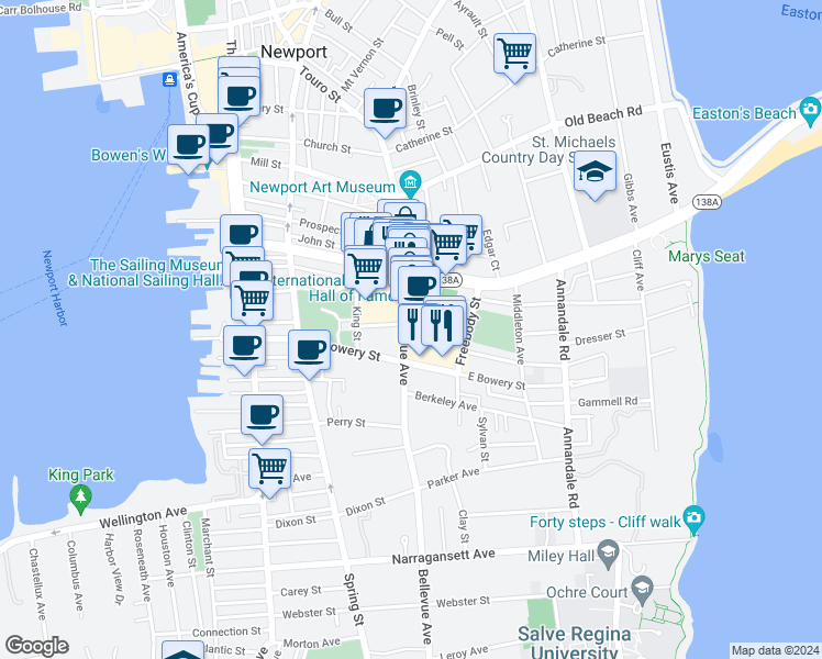 map of restaurants, bars, coffee shops, grocery stores, and more near 230 Bellevue Avenue in Newport