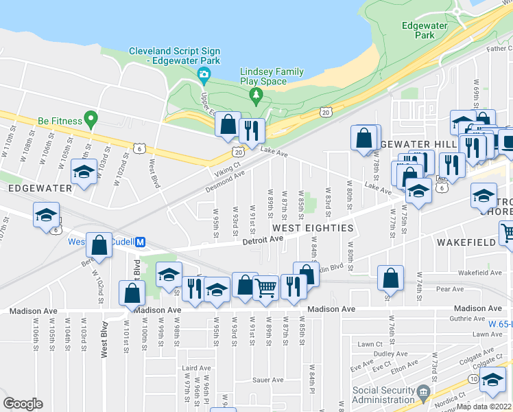 map of restaurants, bars, coffee shops, grocery stores, and more near 1335 West 91st Street in Cleveland