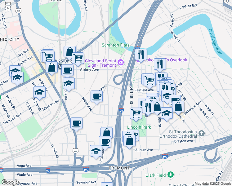 map of restaurants, bars, coffee shops, grocery stores, and more near 1430 Fairfield Avenue in Cleveland
