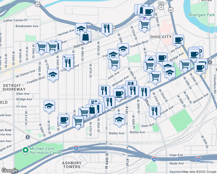 map of restaurants, bars, coffee shops, grocery stores, and more near 4120 Whitman Avenue in Cleveland