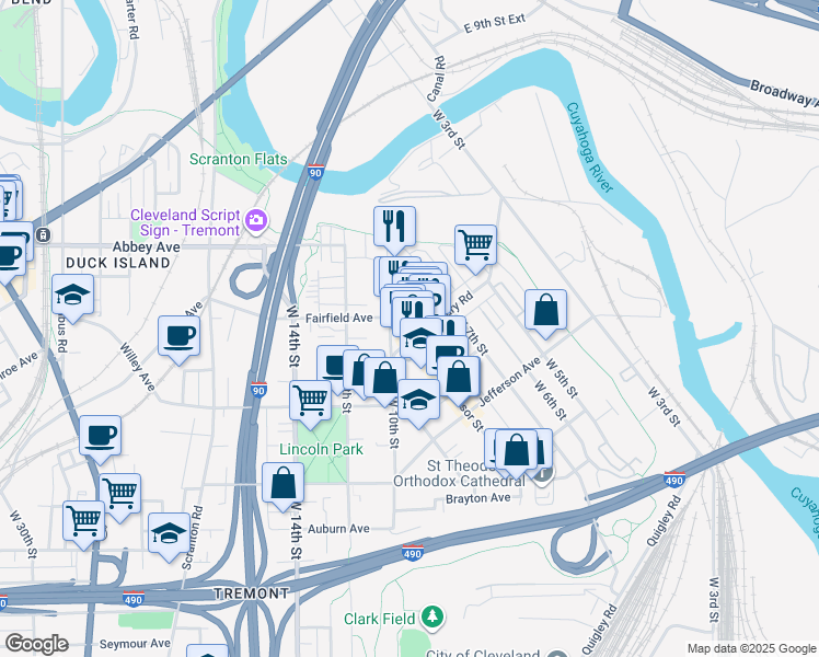 map of restaurants, bars, coffee shops, grocery stores, and more near 2215 Professor Avenue in Cleveland